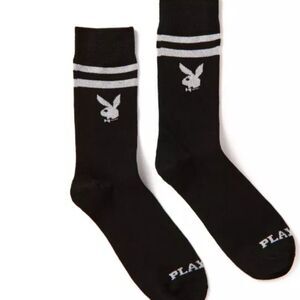PLAYBOY Glitter Bunny Logo Striped Crew Socks- Black